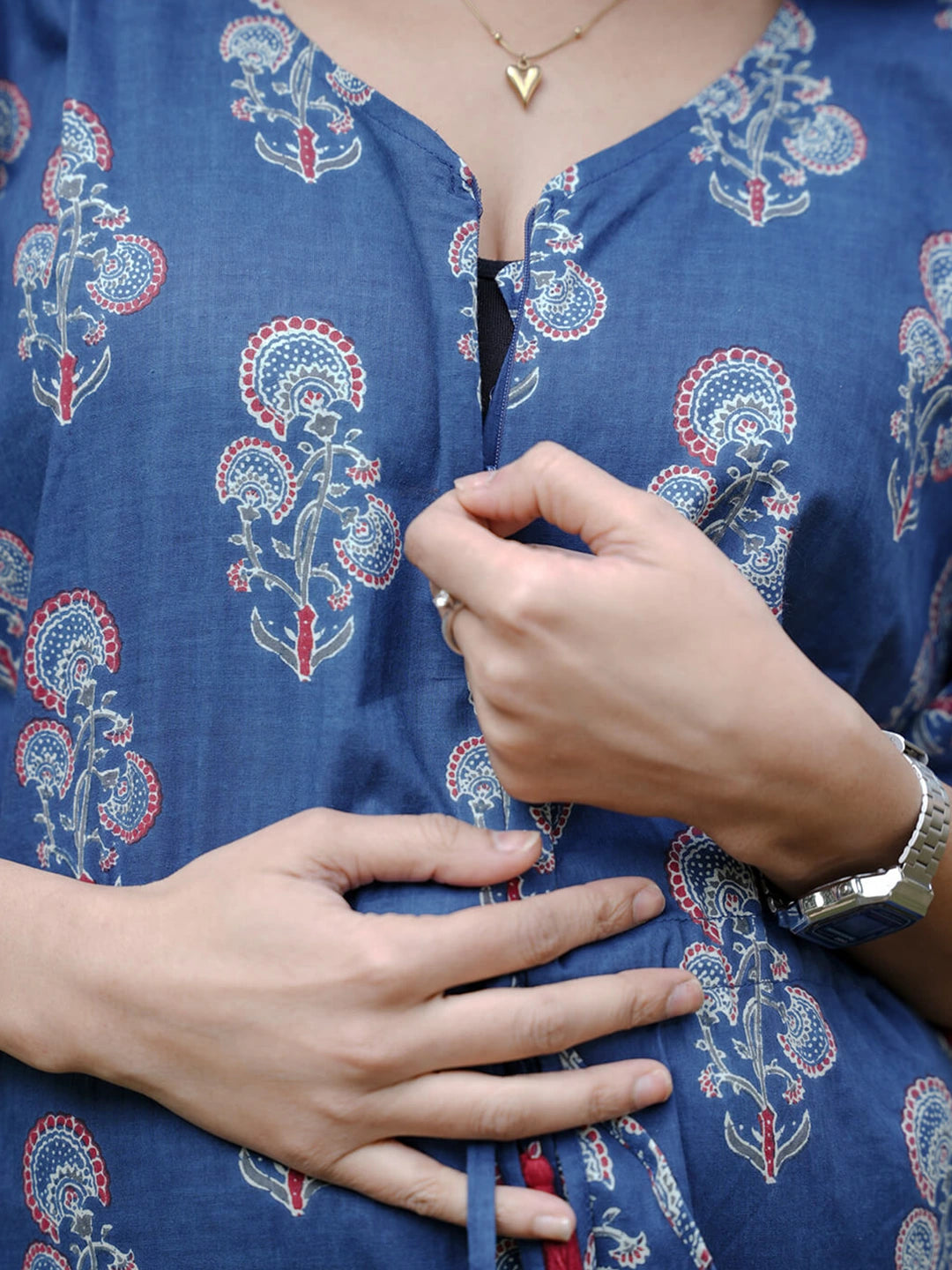 Indigo Ethnic Printed Maternity & Feeding Kaftan Dress with Concealed Zipper