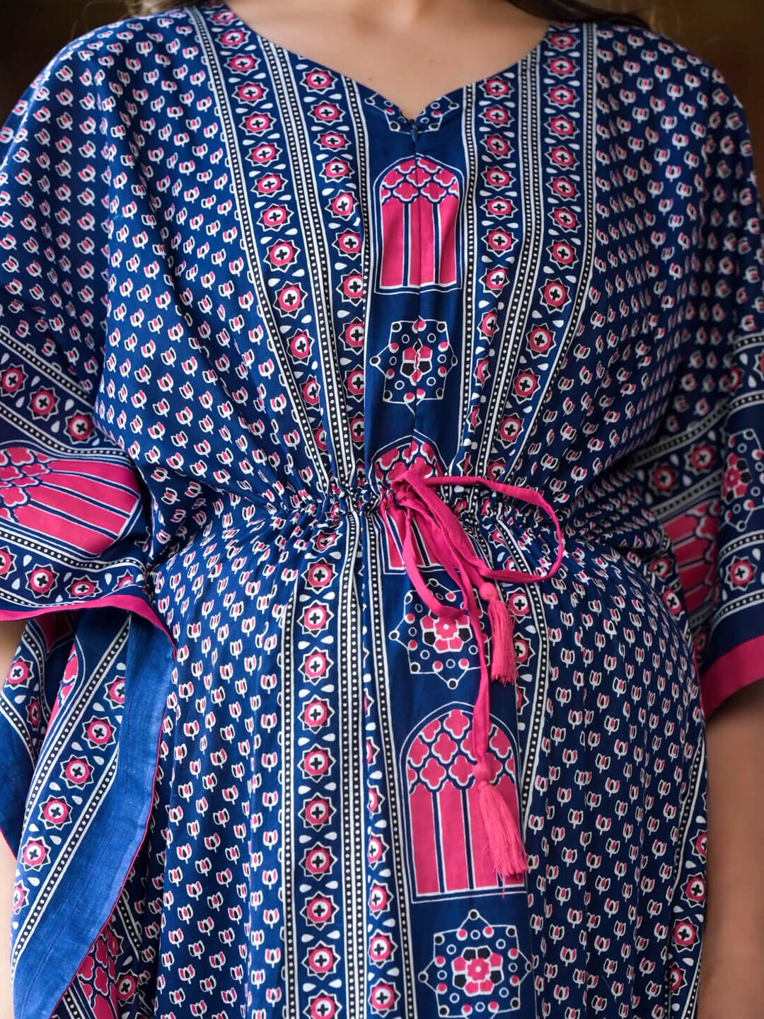 Indigo Multi Ethnic Motifs Printed Maternity & Feeding Kaftan Dress