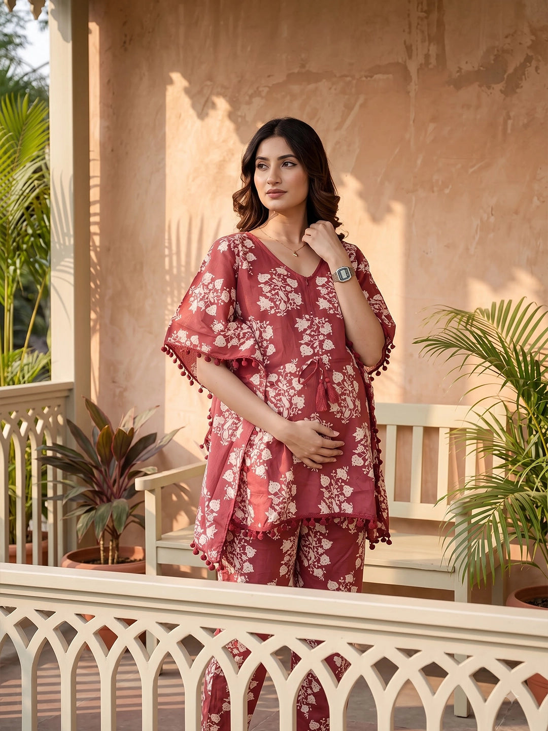 Maroon Printed Cotton Maternity Feeding-Friendly Kaftan Night Suit
