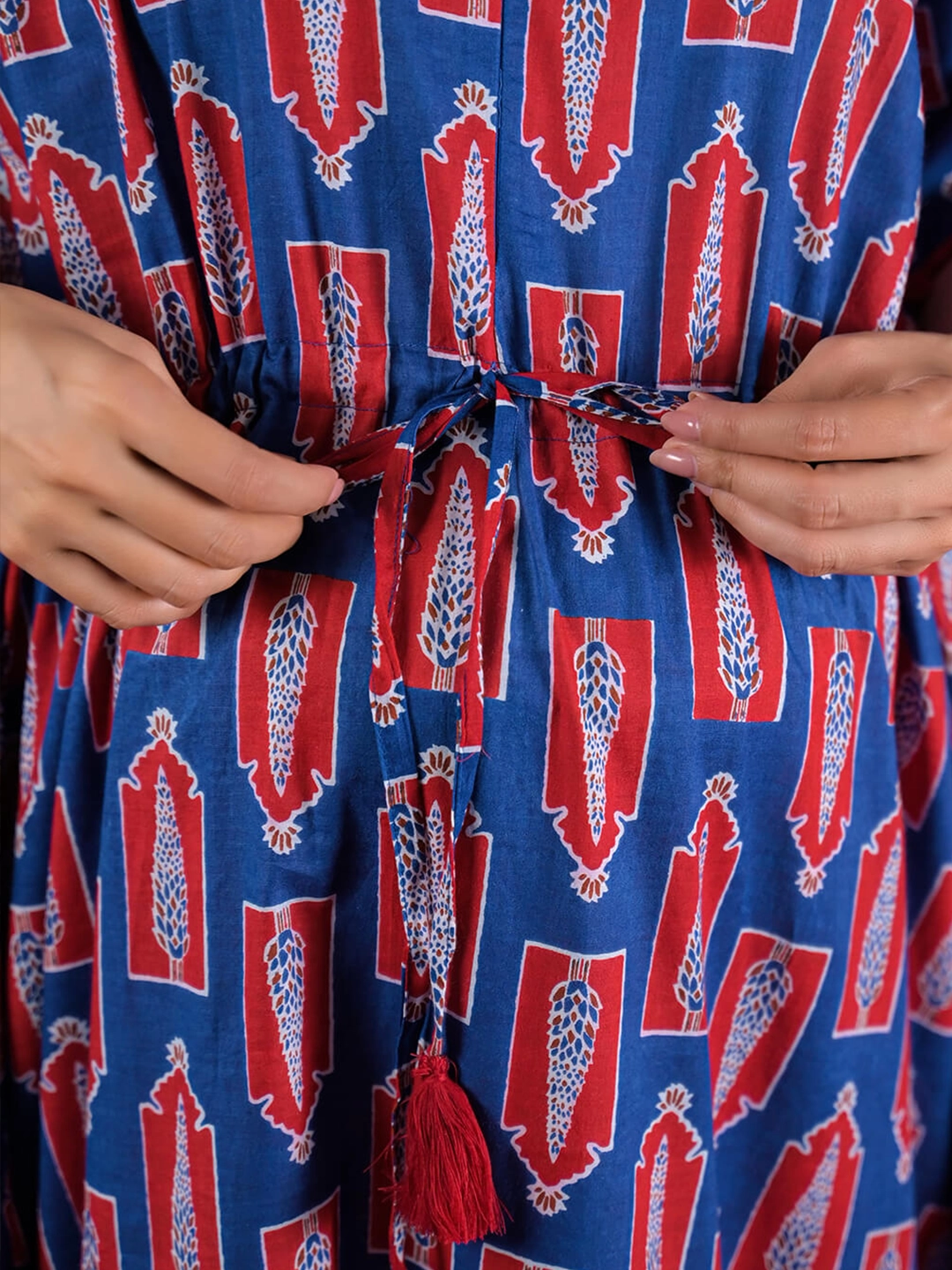 Indigo Red Floral Print Cotton Maternity Feeding-Friendly Kaftan Dress