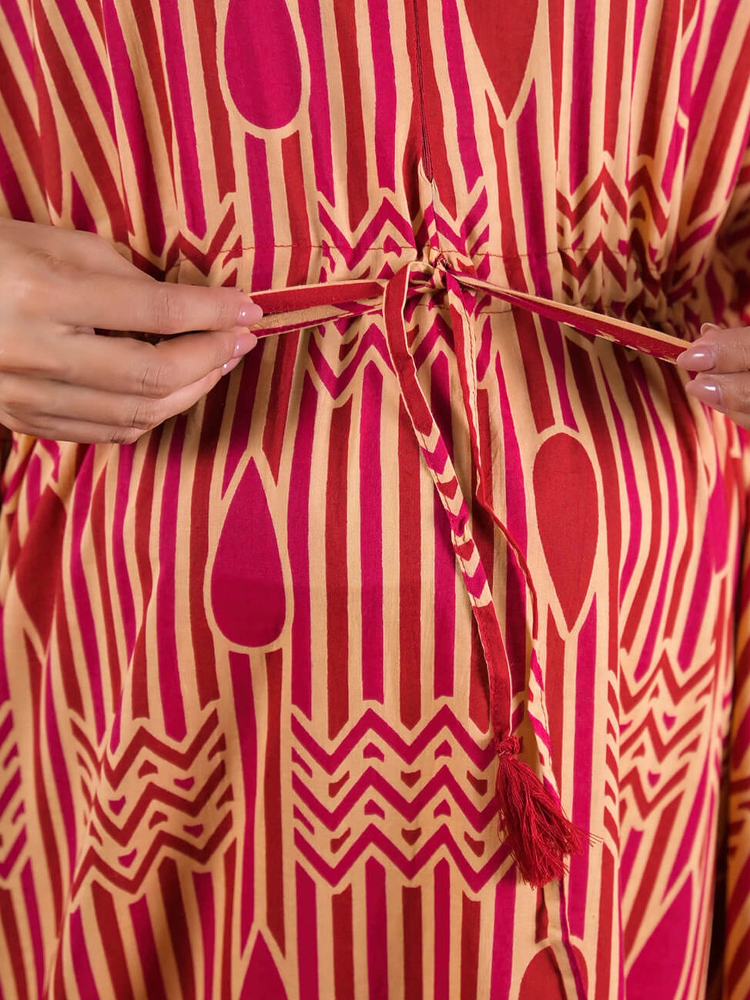 Beige Maroon Geometric Print Cotton Maternity Feeding-Friendly Kaftan Dress