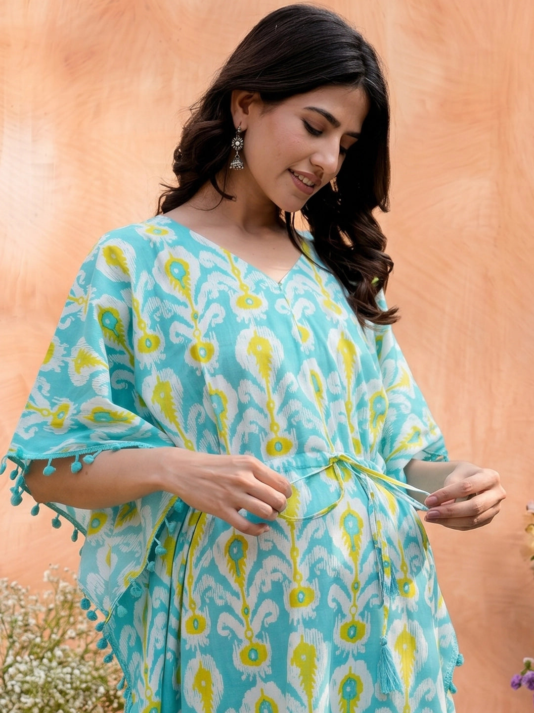 Turquoise Blue Ethnic Print Maternity & Feeding Kaftan Dress