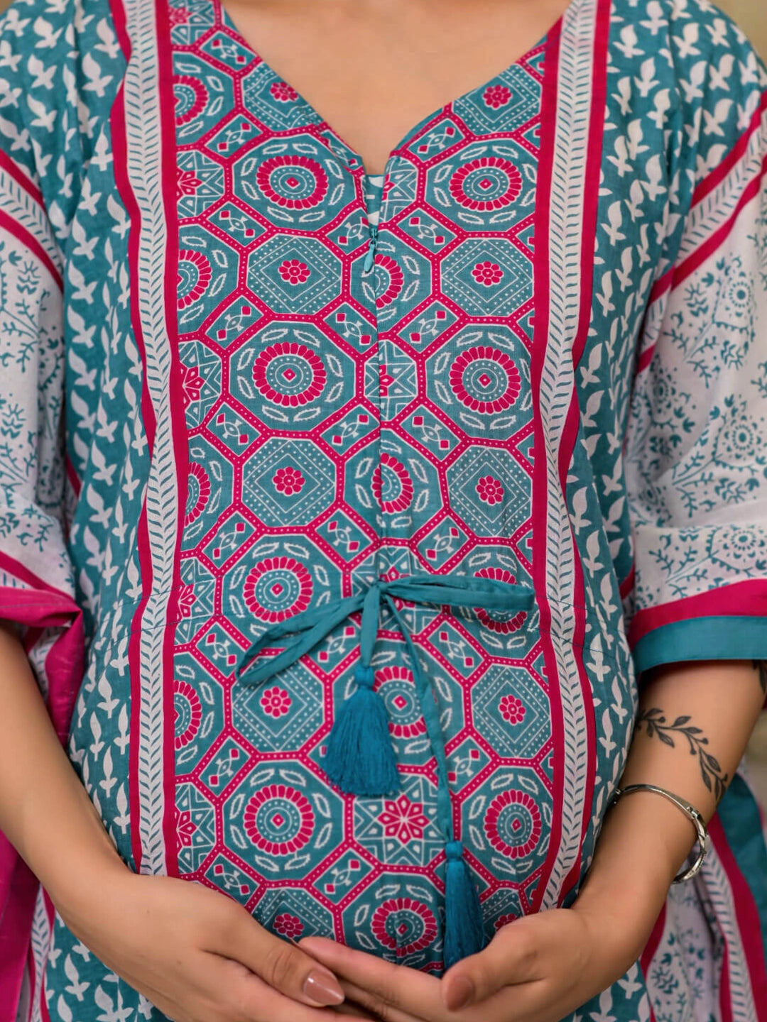 Teal Blue Ethnic Print Maternity & Feeding Kaftan Dress