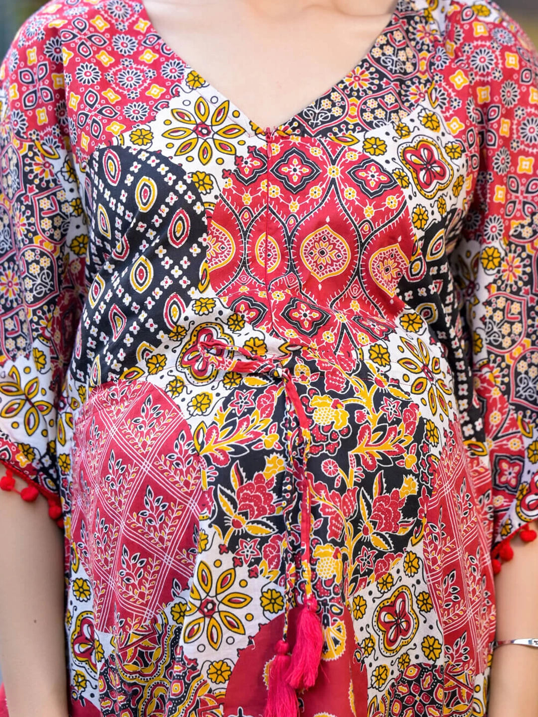 Red Multi Ethnic Print Maternity Feeding-Friendly Kaftan Night Suit with Concealed Zipper