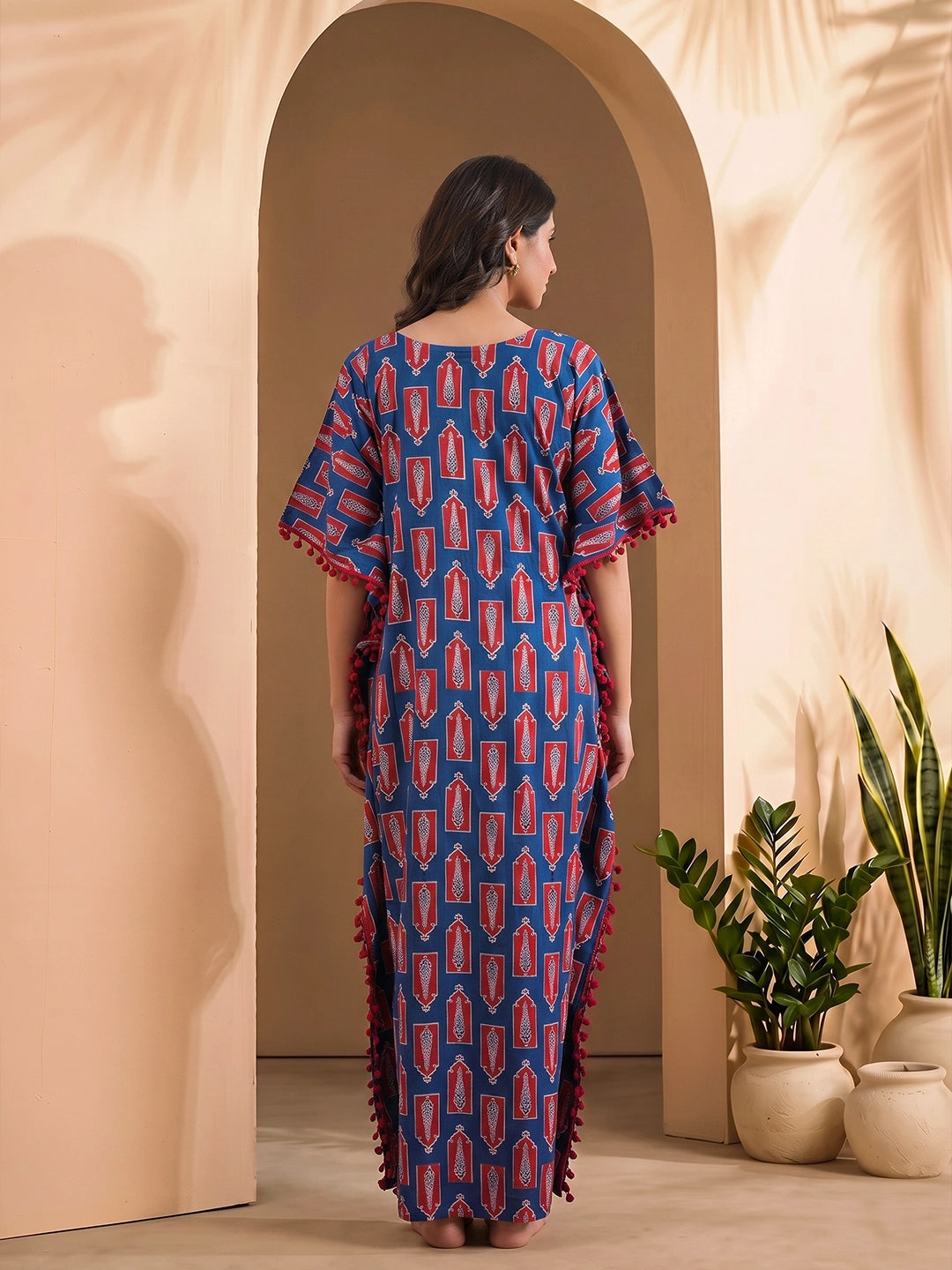 Indigo Red Floral Print Cotton Maternity Feeding-Friendly Kaftan Dress