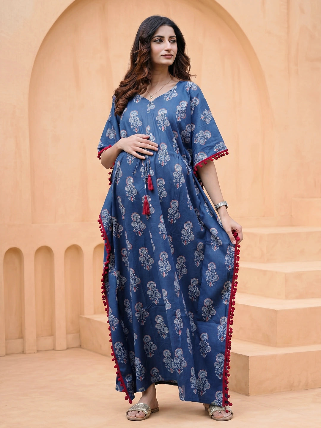 Indigo Ethnic Printed Maternity & Feeding Kaftan Dress with Concealed Zipper