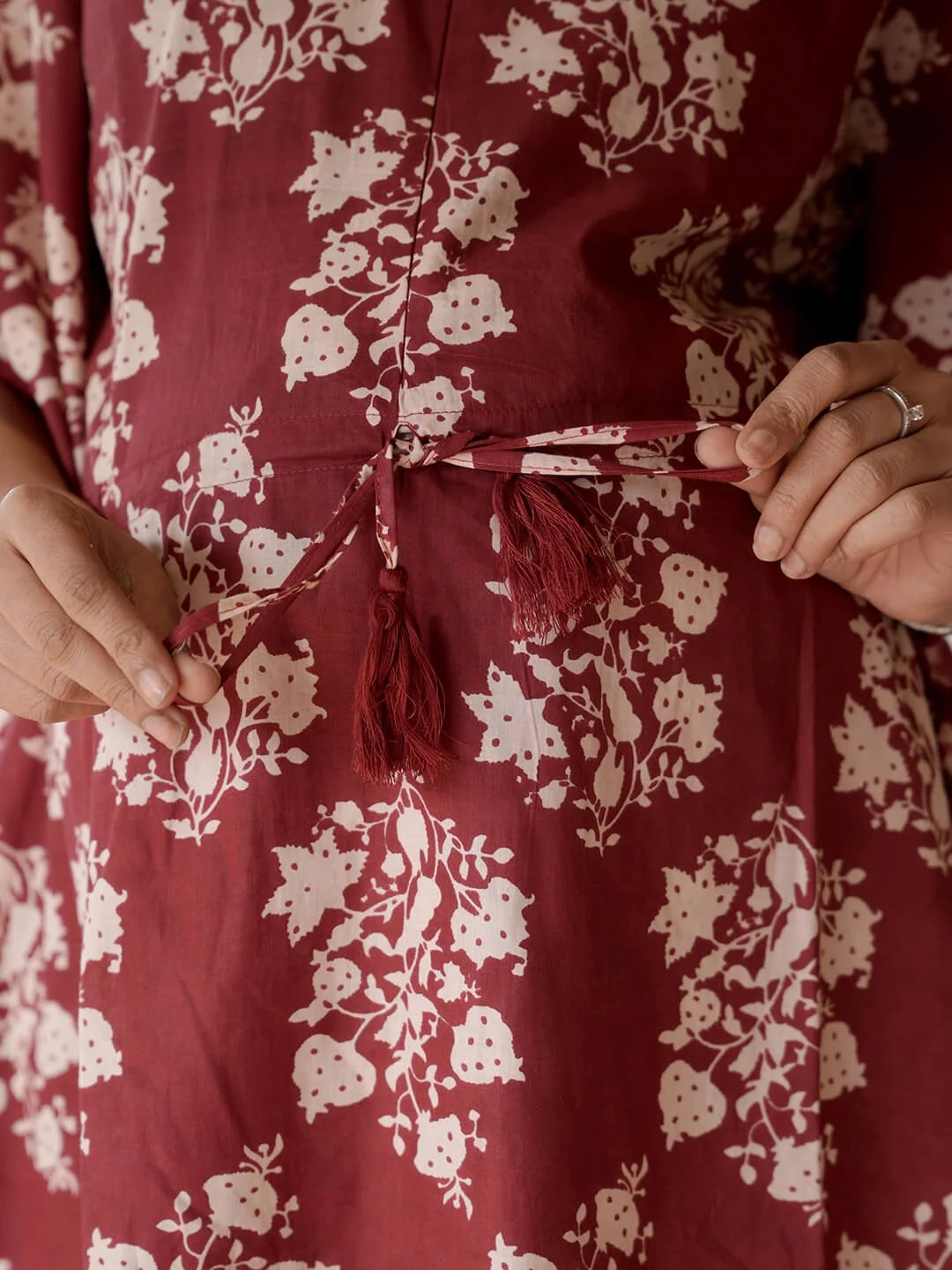 Maroon Printed Cotton Maternity Feeding-Friendly Kaftan Night Suit