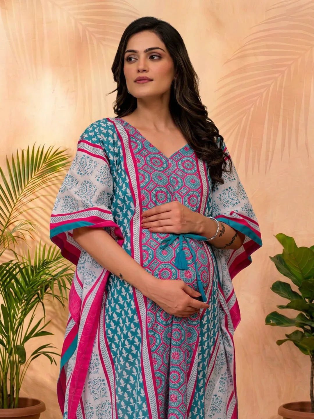 Teal Blue Ethnic Print Maternity & Feeding Kaftan Dress