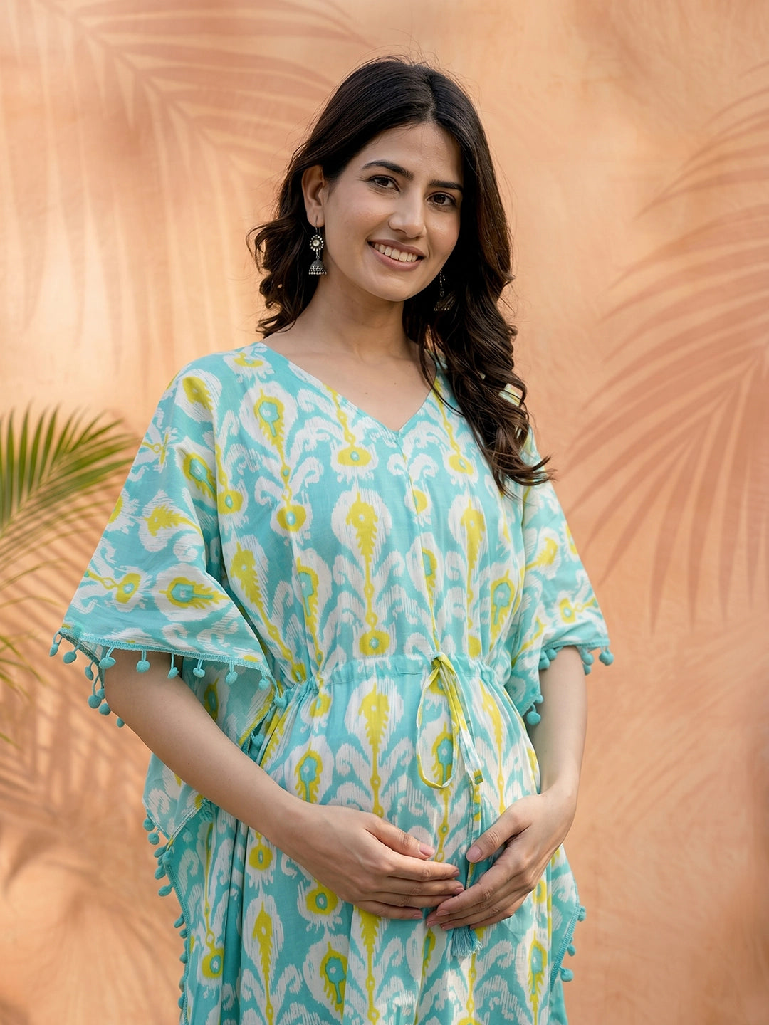 Turquoise Blue Ethnic Print Maternity & Feeding Kaftan Dress