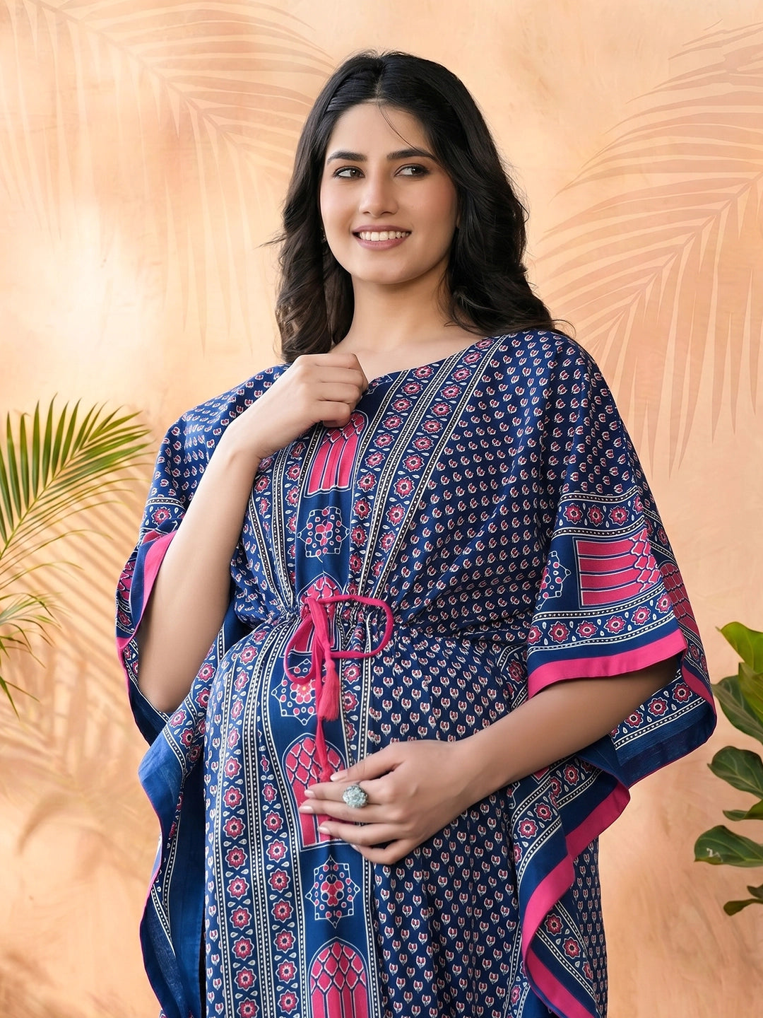 Indigo Multi Ethnic Motifs Printed Maternity & Feeding Kaftan Dress