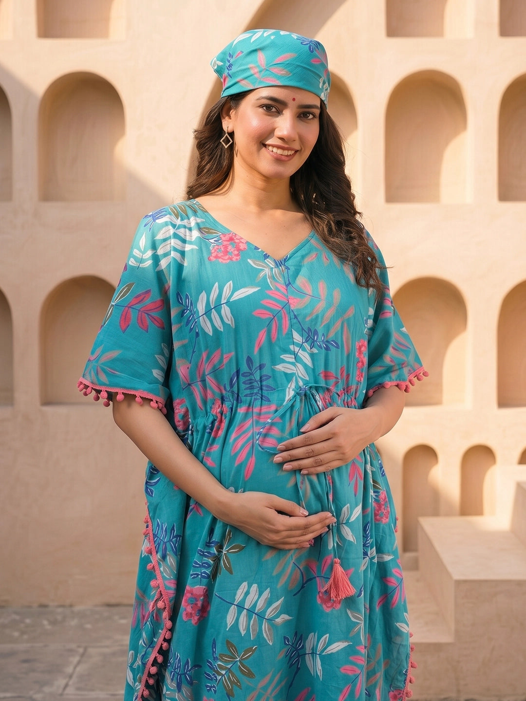 Turquoise Multi Tropical Print Cotton Maternity Feeding-Friendly Kaftan Dress