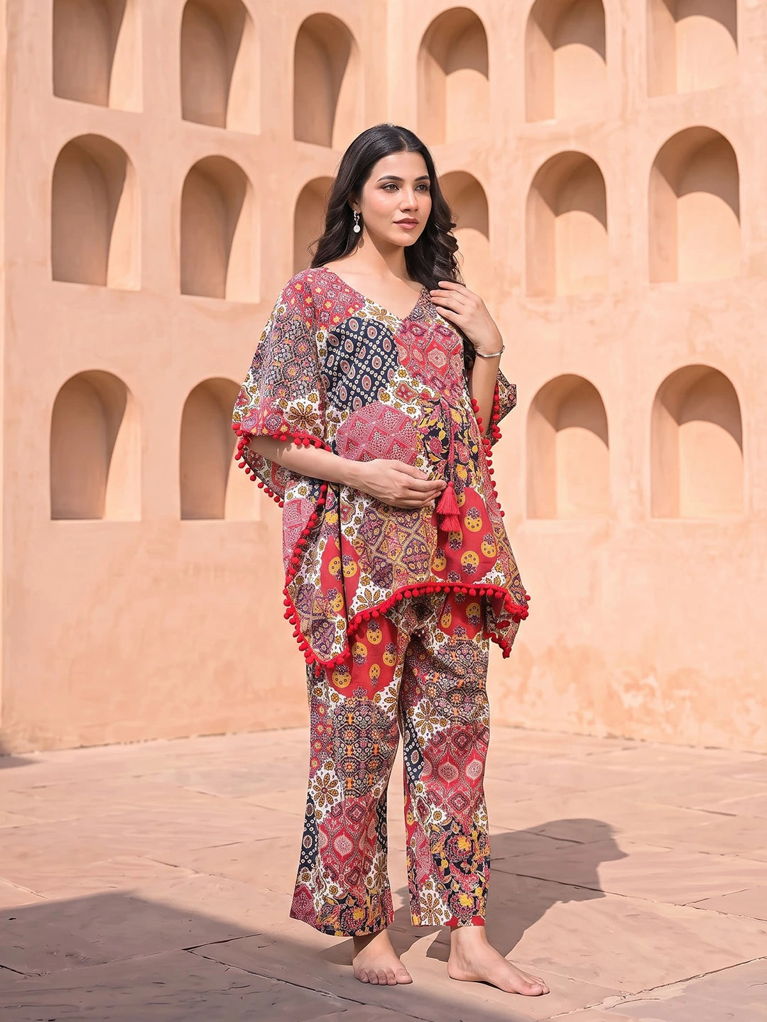 Red Multi Ethnic Print Maternity Feeding-Friendly Kaftan Night Suit with Concealed Zipper