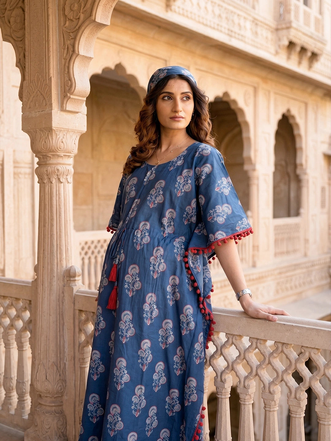 Indigo Ethnic Printed Maternity & Feeding Kaftan Dress with Concealed Zipper