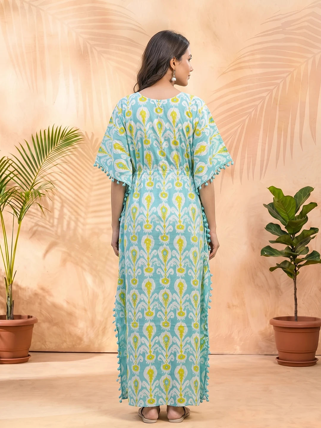 Turquoise Blue Ethnic Print Maternity & Feeding Kaftan Dress