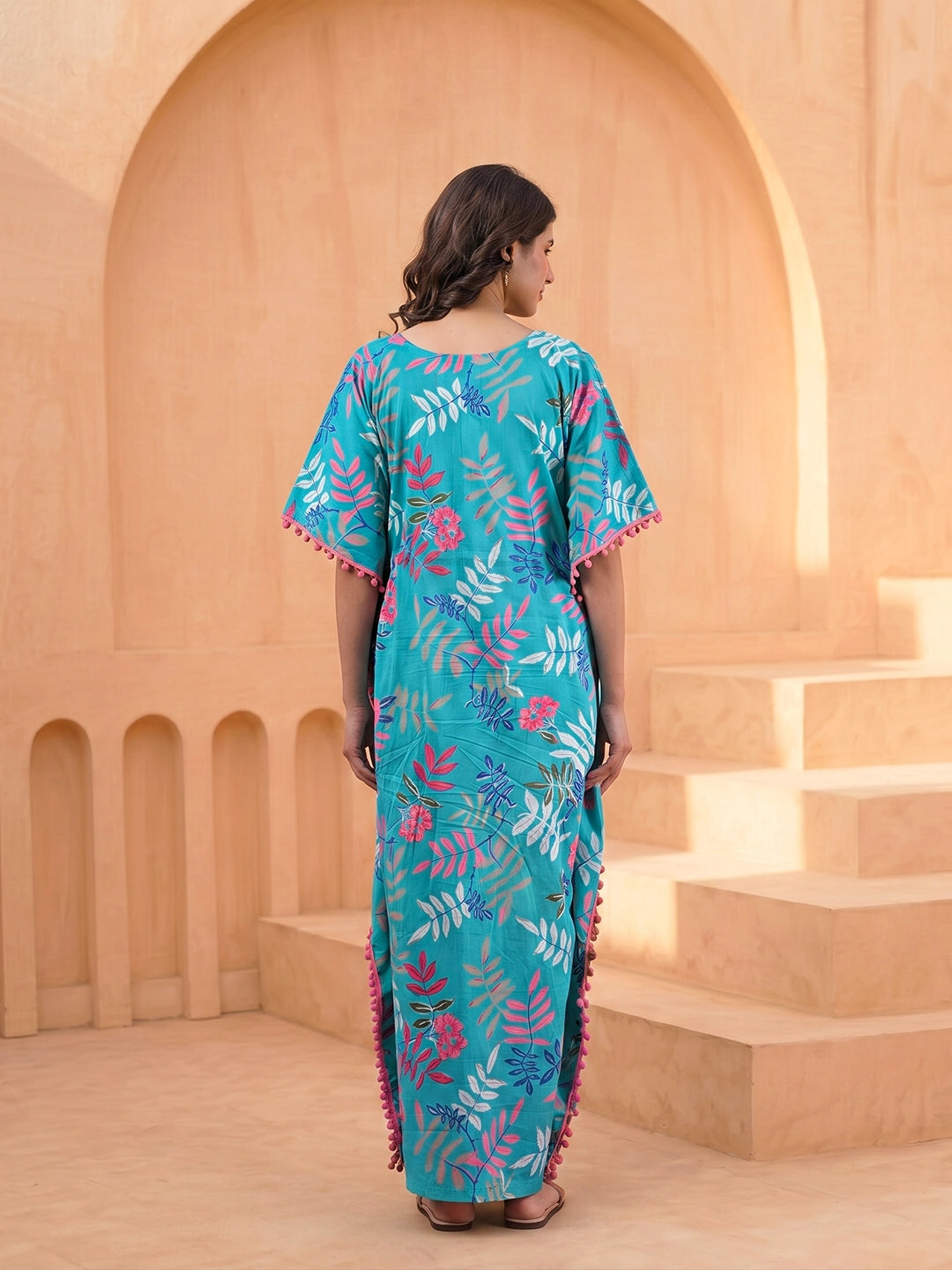 Turquoise Multi Tropical Print Cotton Maternity Feeding-Friendly Kaftan Dress