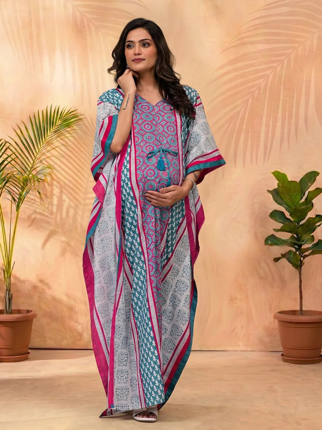 Teal Blue Ethnic Print Maternity & Feeding Kaftan Dress