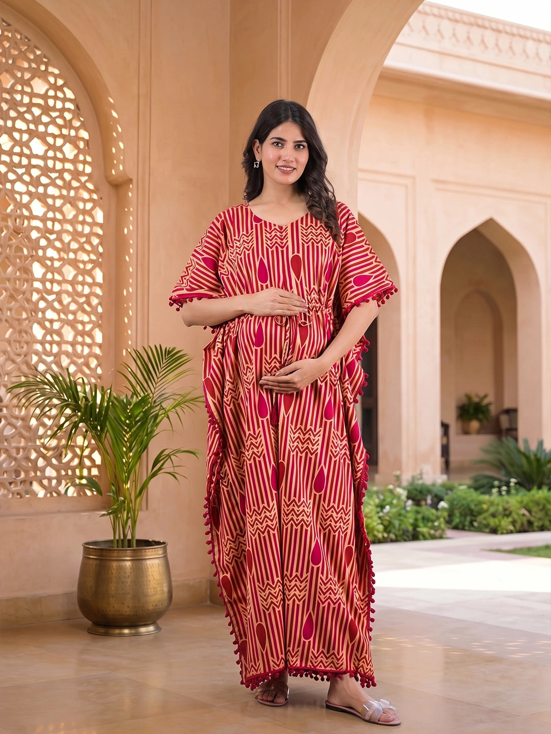 Beige Maroon Geometric Print Cotton Maternity Feeding-Friendly Kaftan Dress
