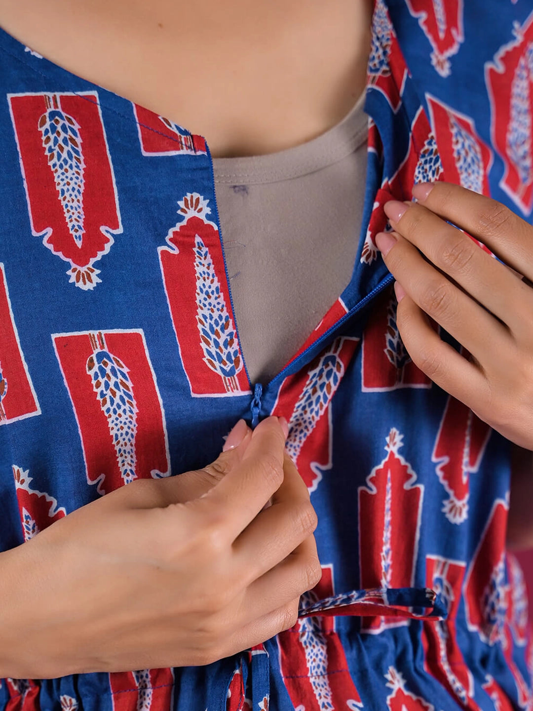 Indigo Red Floral Print Cotton Maternity Feeding-Friendly Kaftan Dress