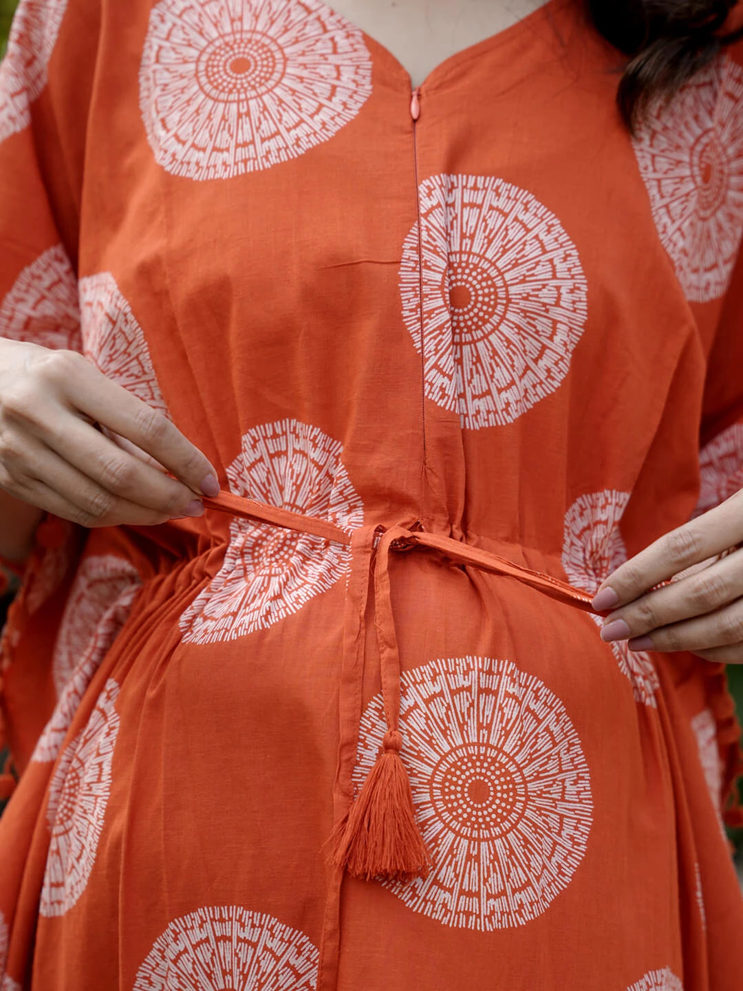 Graceful Orange Printed Maternity & Feeding Kaftan Dress with Matching Head Cover