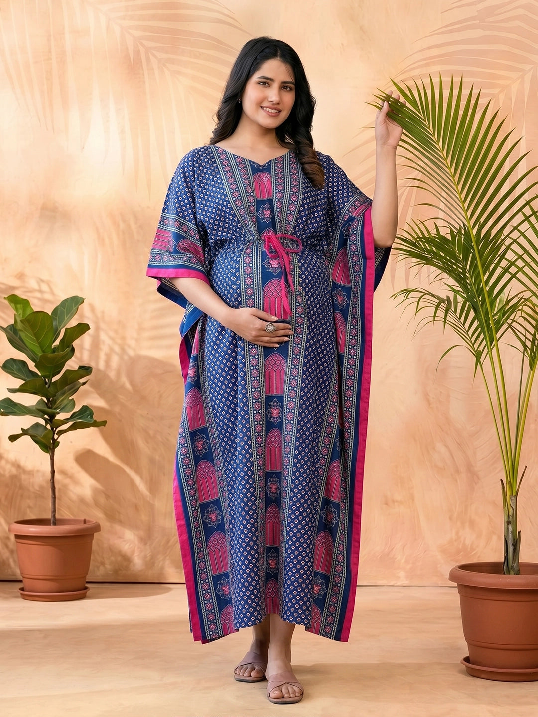 Indigo Multi Ethnic Motifs Printed Maternity & Feeding Kaftan Dress