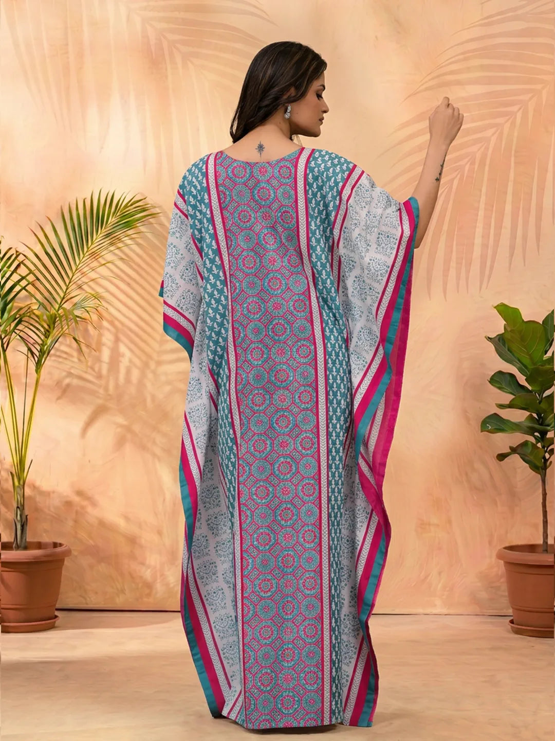 Teal Blue Ethnic Print Maternity & Feeding Kaftan Dress