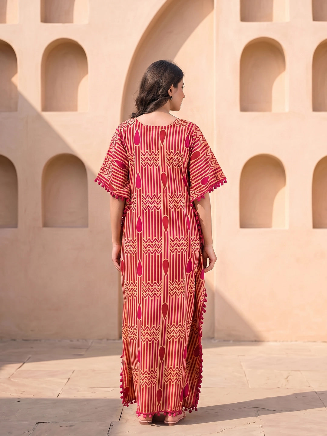 Beige Maroon Geometric Print Cotton Maternity Feeding-Friendly Kaftan Dress