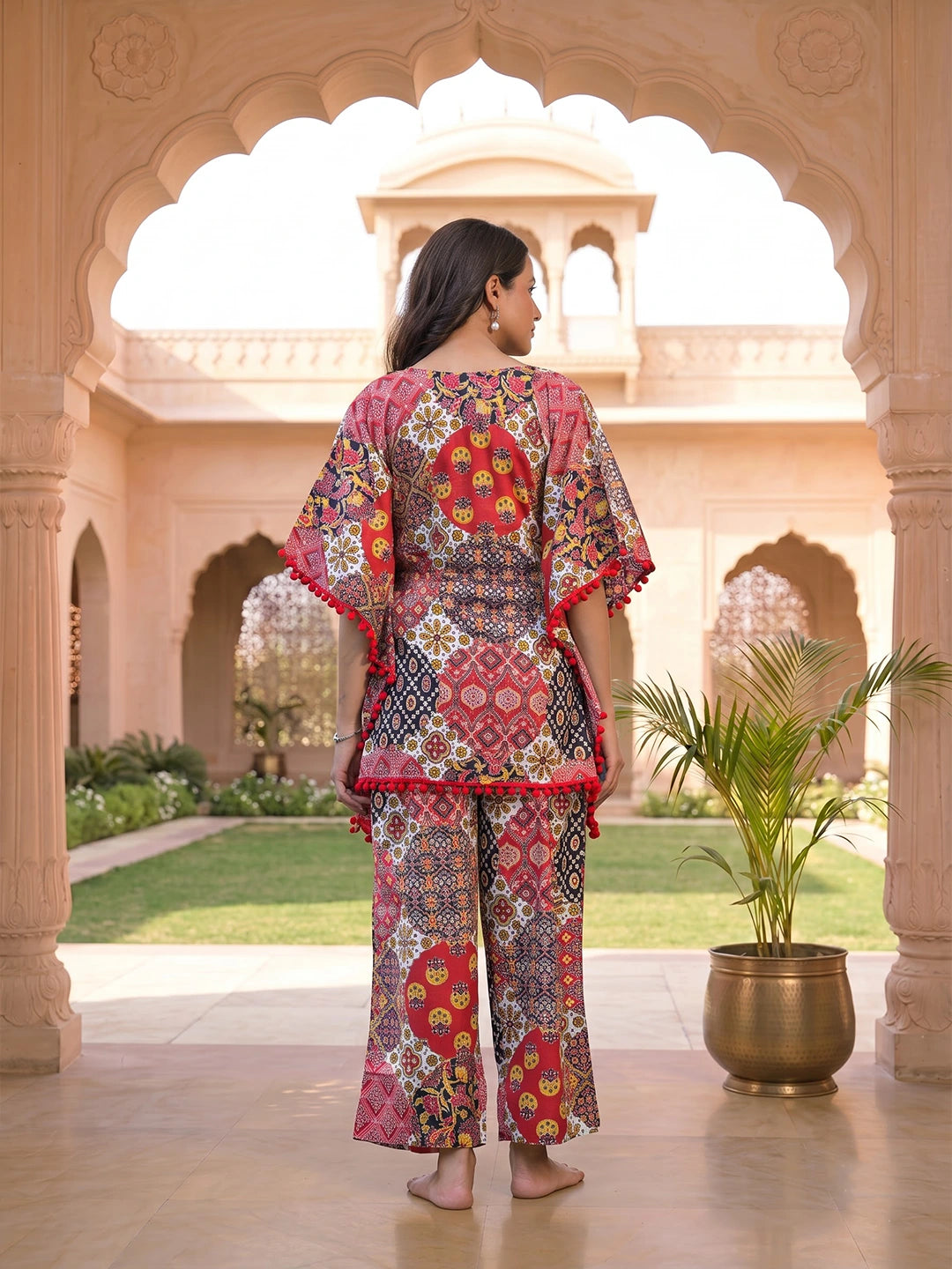 Red Multi Ethnic Print Maternity Feeding-Friendly Kaftan Night Suit with Concealed Zipper