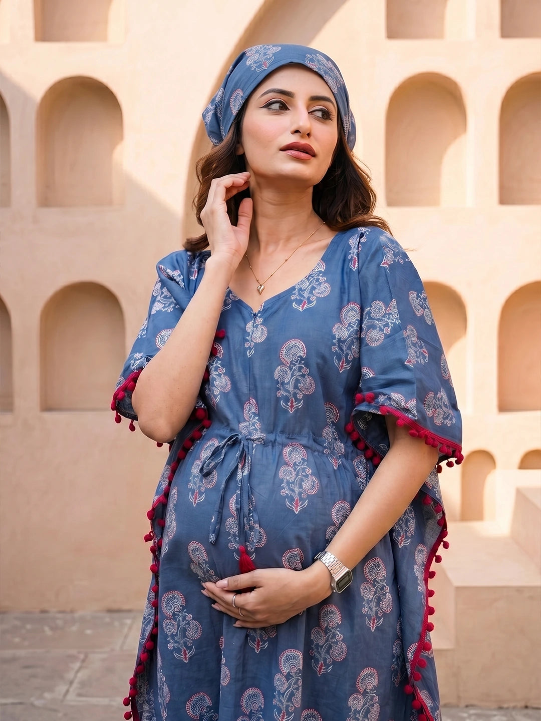 Indigo Ethnic Printed Maternity & Feeding Kaftan Dress with Concealed Zipper