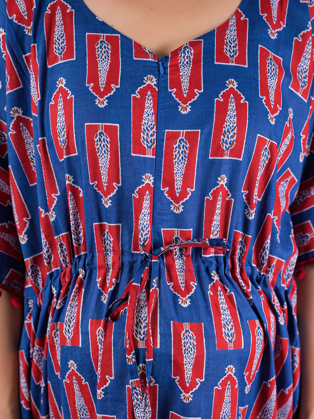Indigo Red Floral Print Cotton Maternity Feeding-Friendly Kaftan Dress