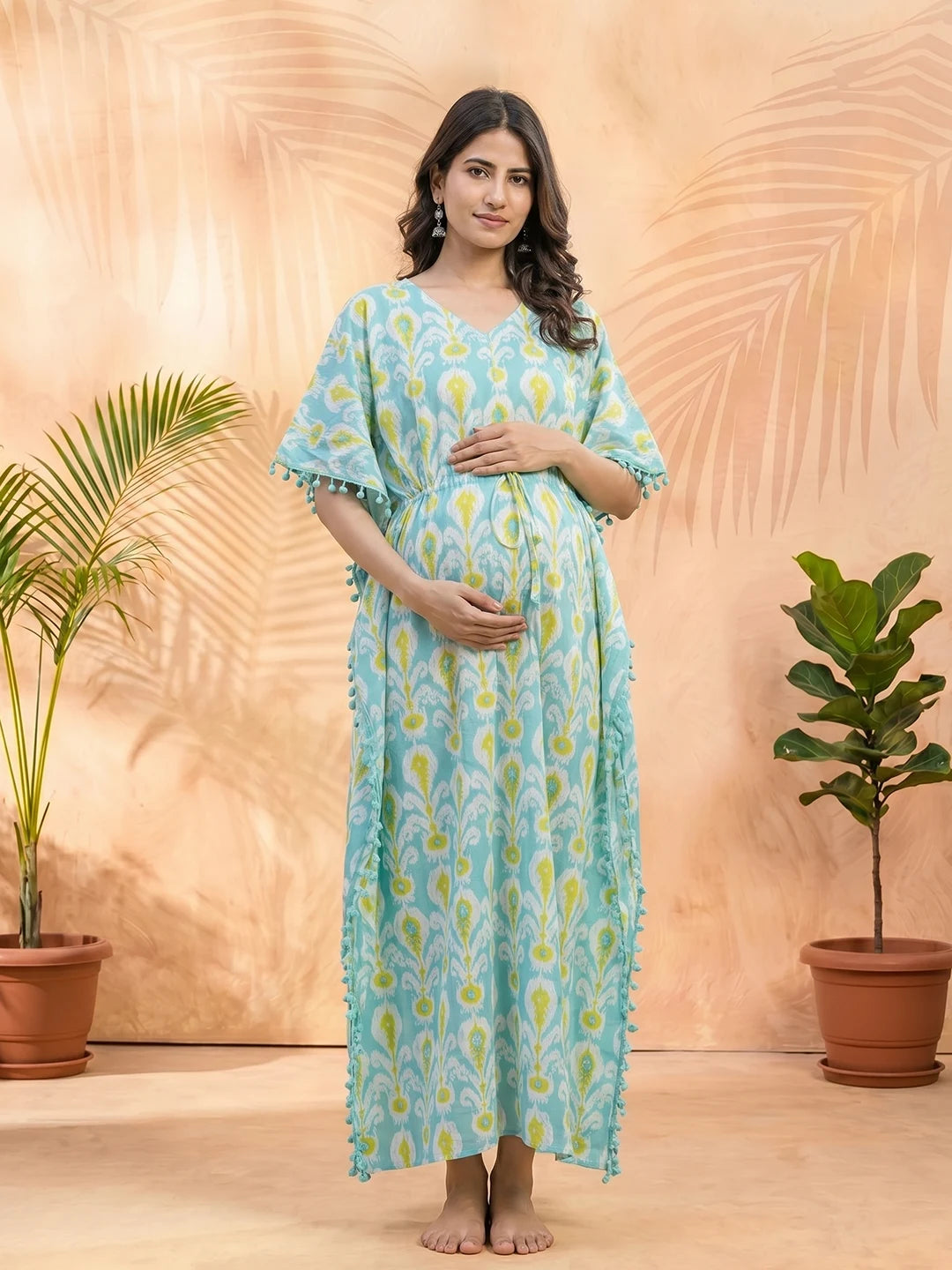 Turquoise Blue Ethnic Print Maternity & Feeding Kaftan Dress