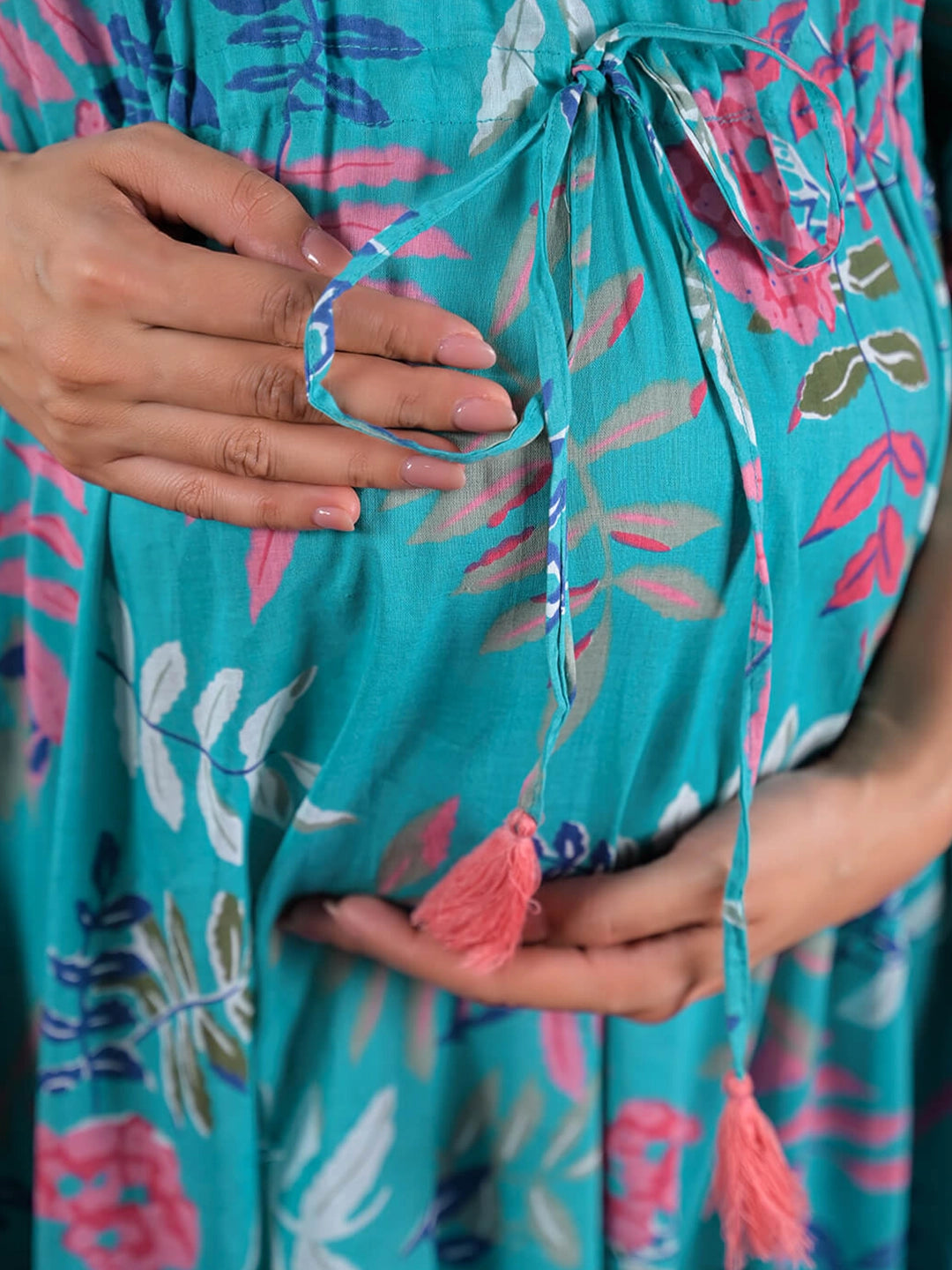 Turquoise Multi Tropical Print Cotton Maternity Feeding-Friendly Kaftan Dress