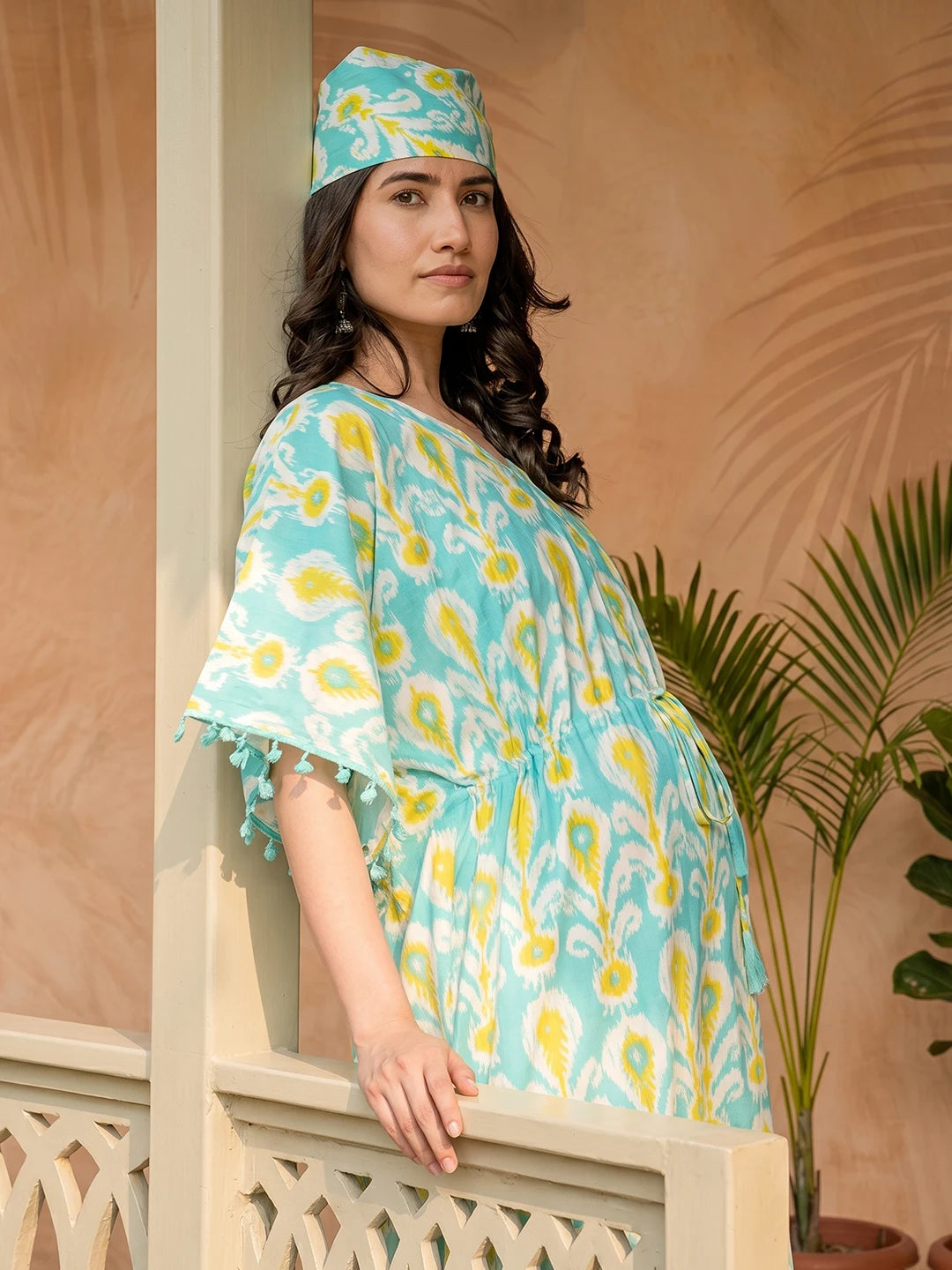 Turquoise Blue Ethnic Print Maternity & Feeding Kaftan Dress