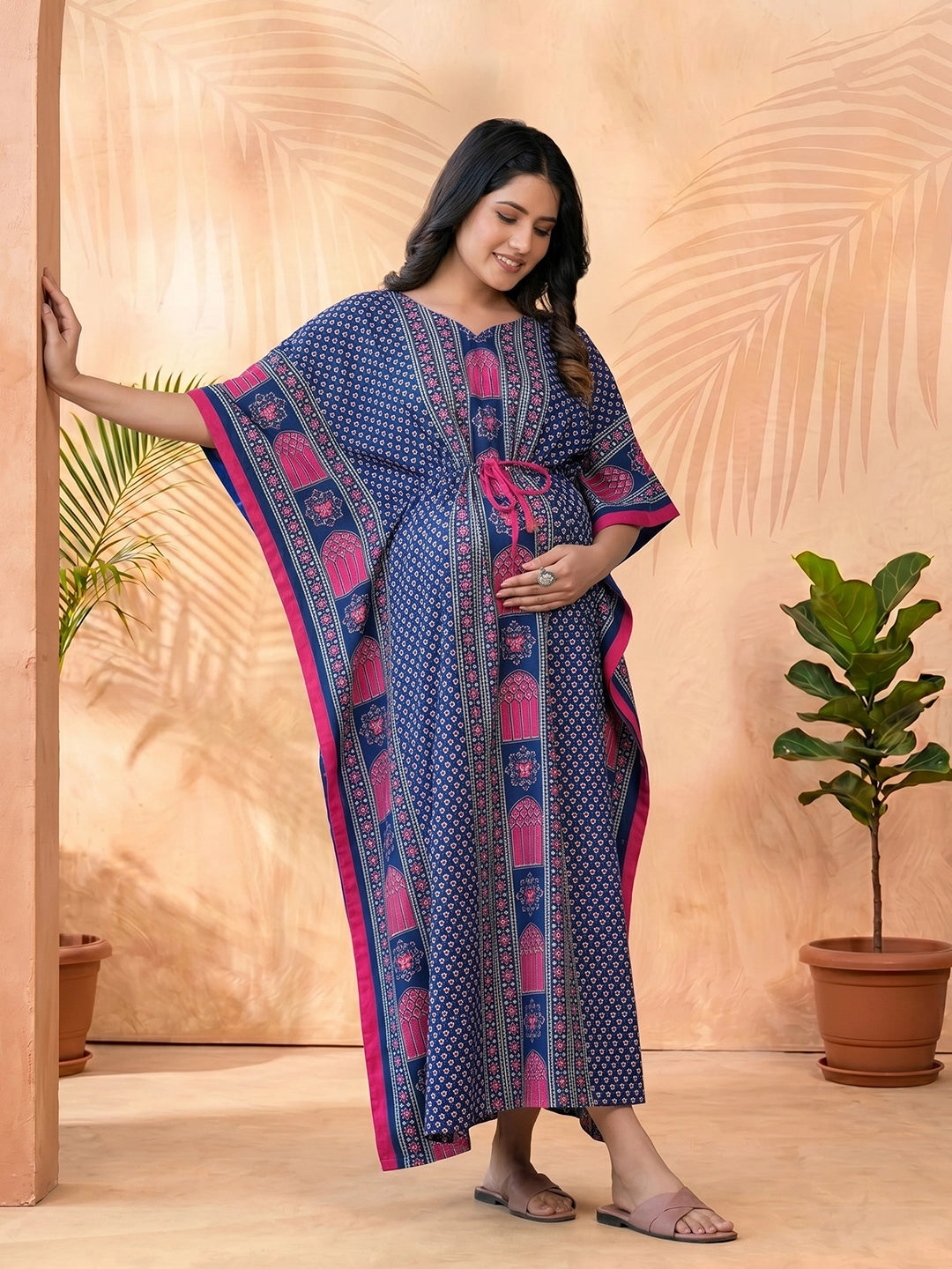 Indigo Multi Ethnic Motifs Printed Maternity & Feeding Kaftan Dress