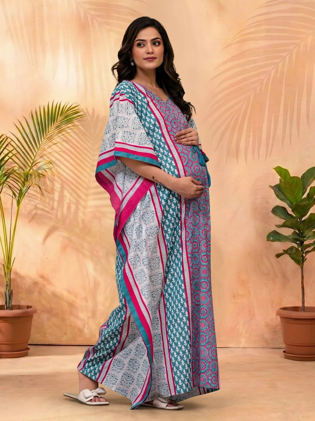 Teal Blue Ethnic Print Maternity & Feeding Kaftan Dress