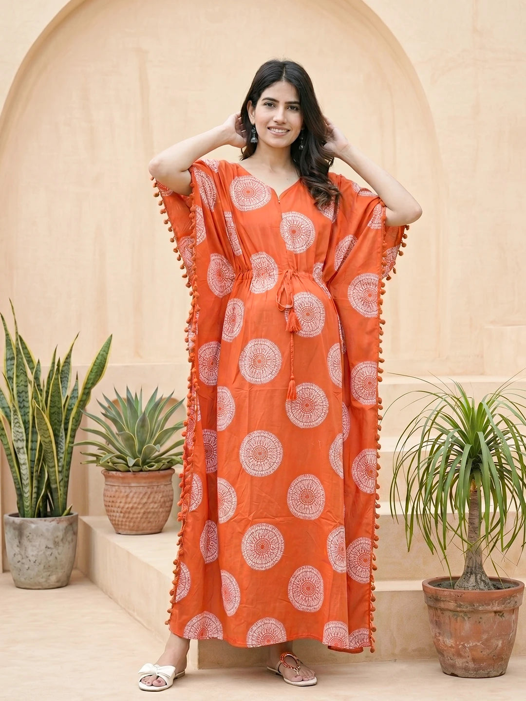 Graceful Orange Printed Maternity & Feeding Kaftan Dress with Matching Head Cover
