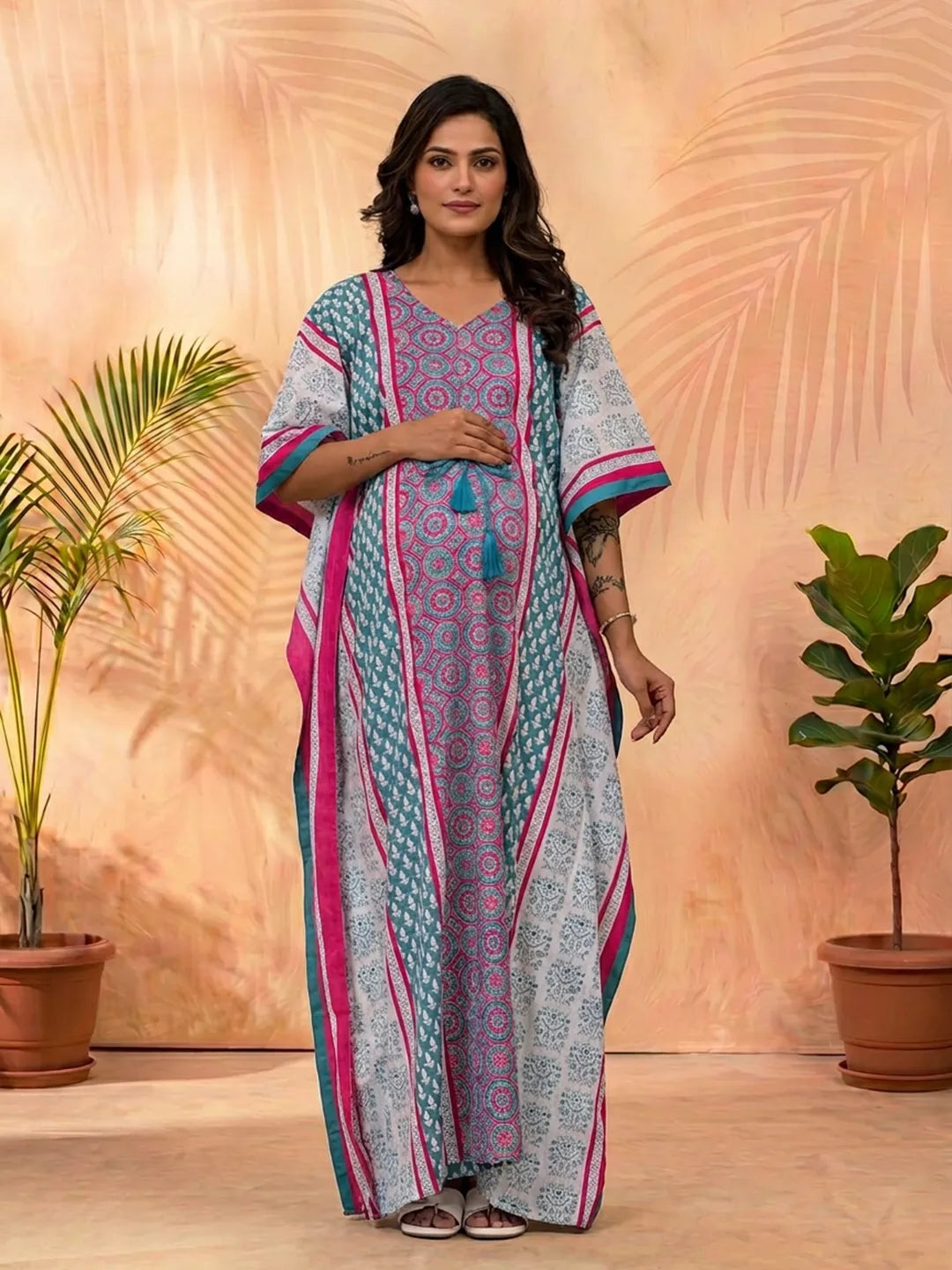 Teal Blue Ethnic Print Maternity & Feeding Kaftan Dress
