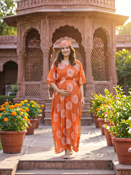 Graceful Orange Printed Maternity & Feeding Kaftan Dress with Matching Head Cover