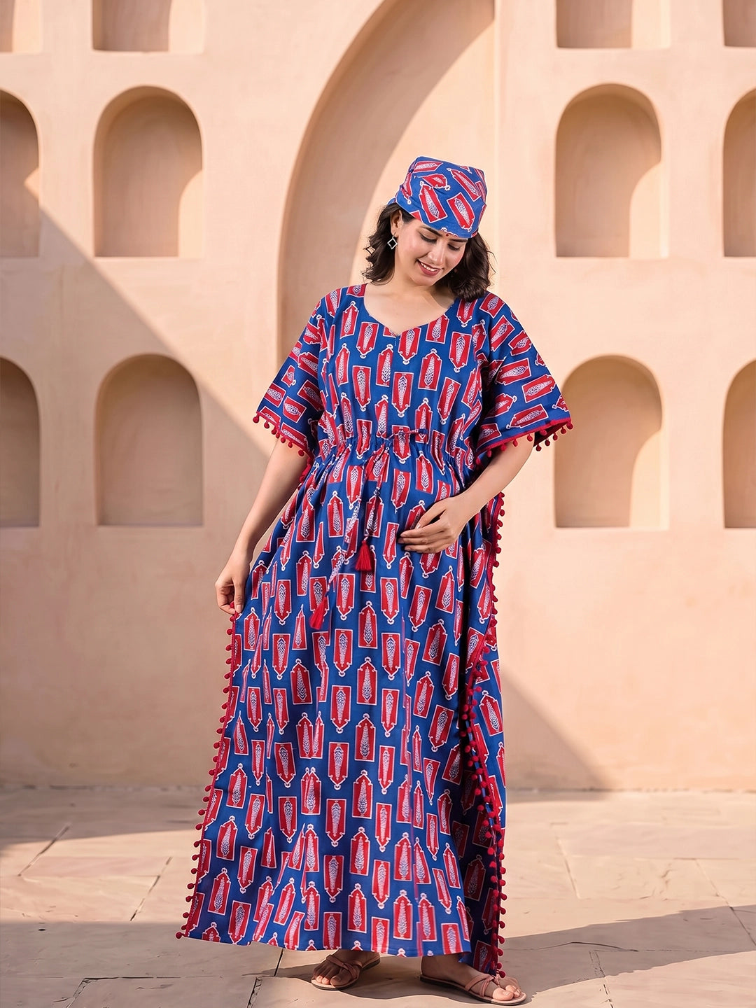 Indigo Red Floral Print Cotton Maternity Feeding-Friendly Kaftan Dress