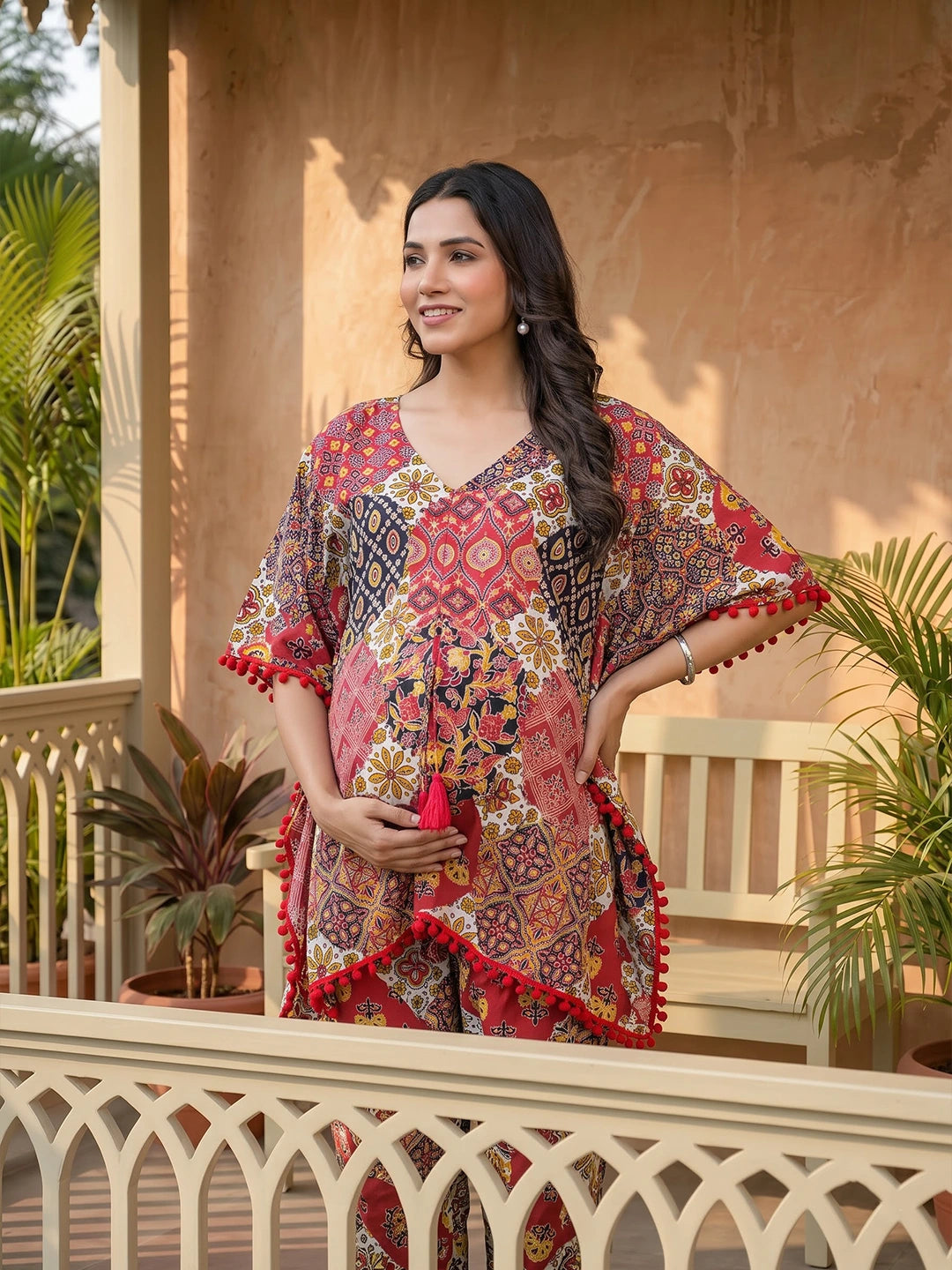 Red Multi Ethnic Print Maternity Feeding-Friendly Kaftan Night Suit with Concealed Zipper