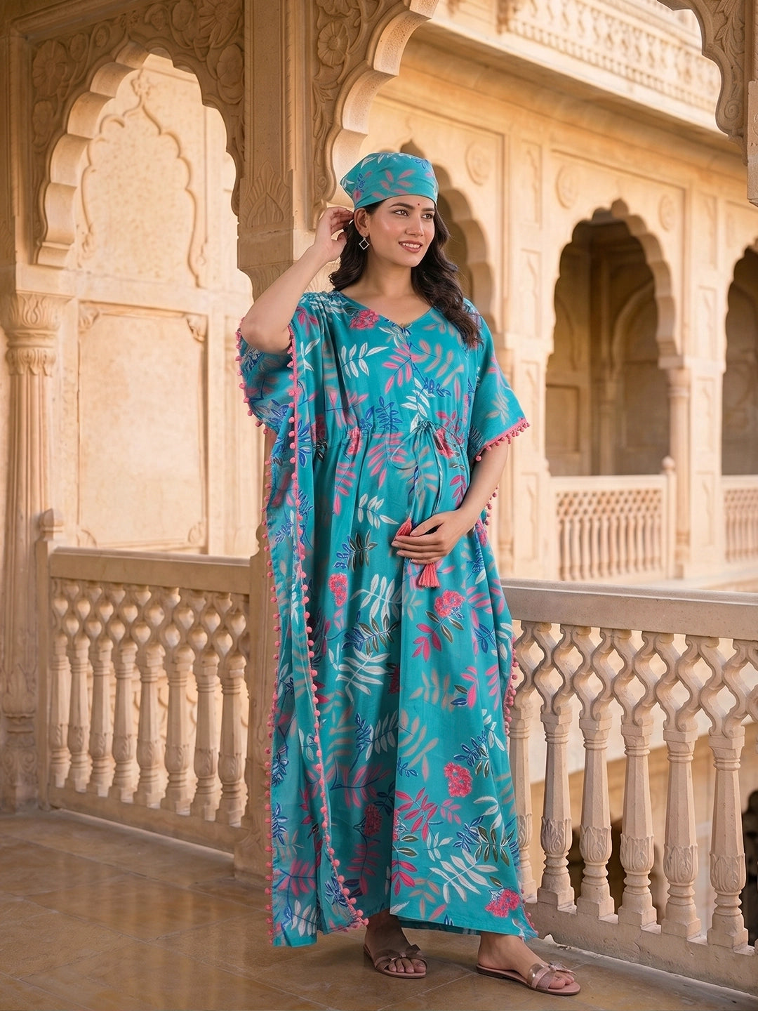 Turquoise Multi Tropical Print Cotton Maternity Feeding-Friendly Kaftan Dress