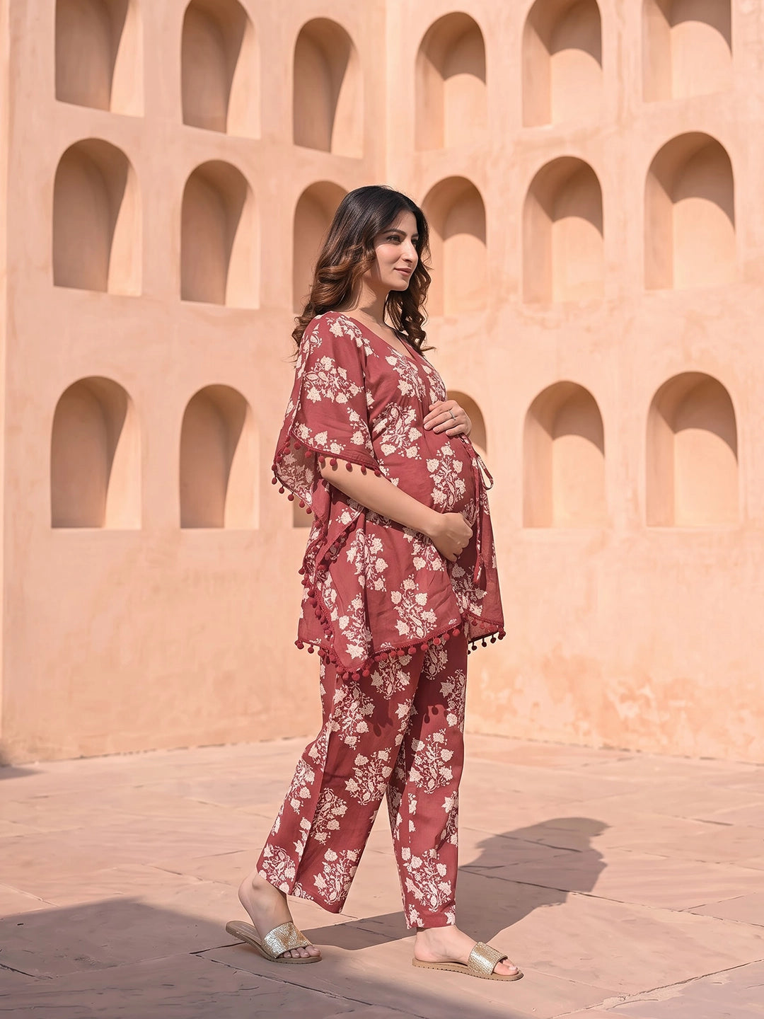 Maroon Printed Cotton Maternity Feeding-Friendly Kaftan Night Suit