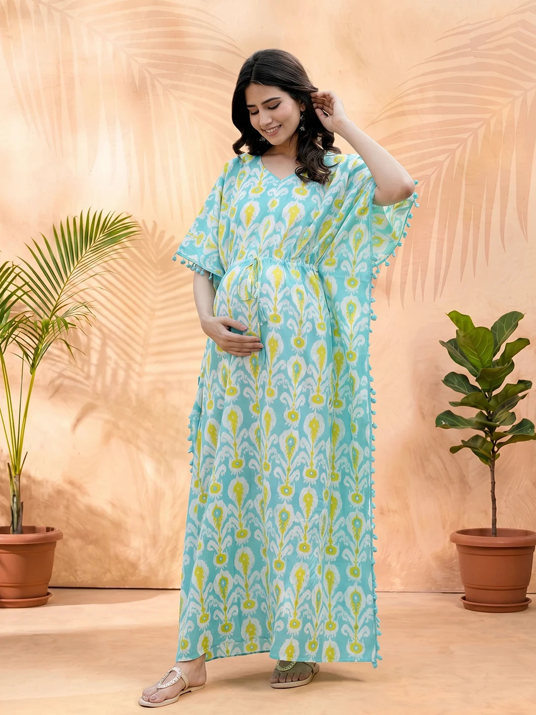 Turquoise Blue Ethnic Print Maternity & Feeding Kaftan Dress