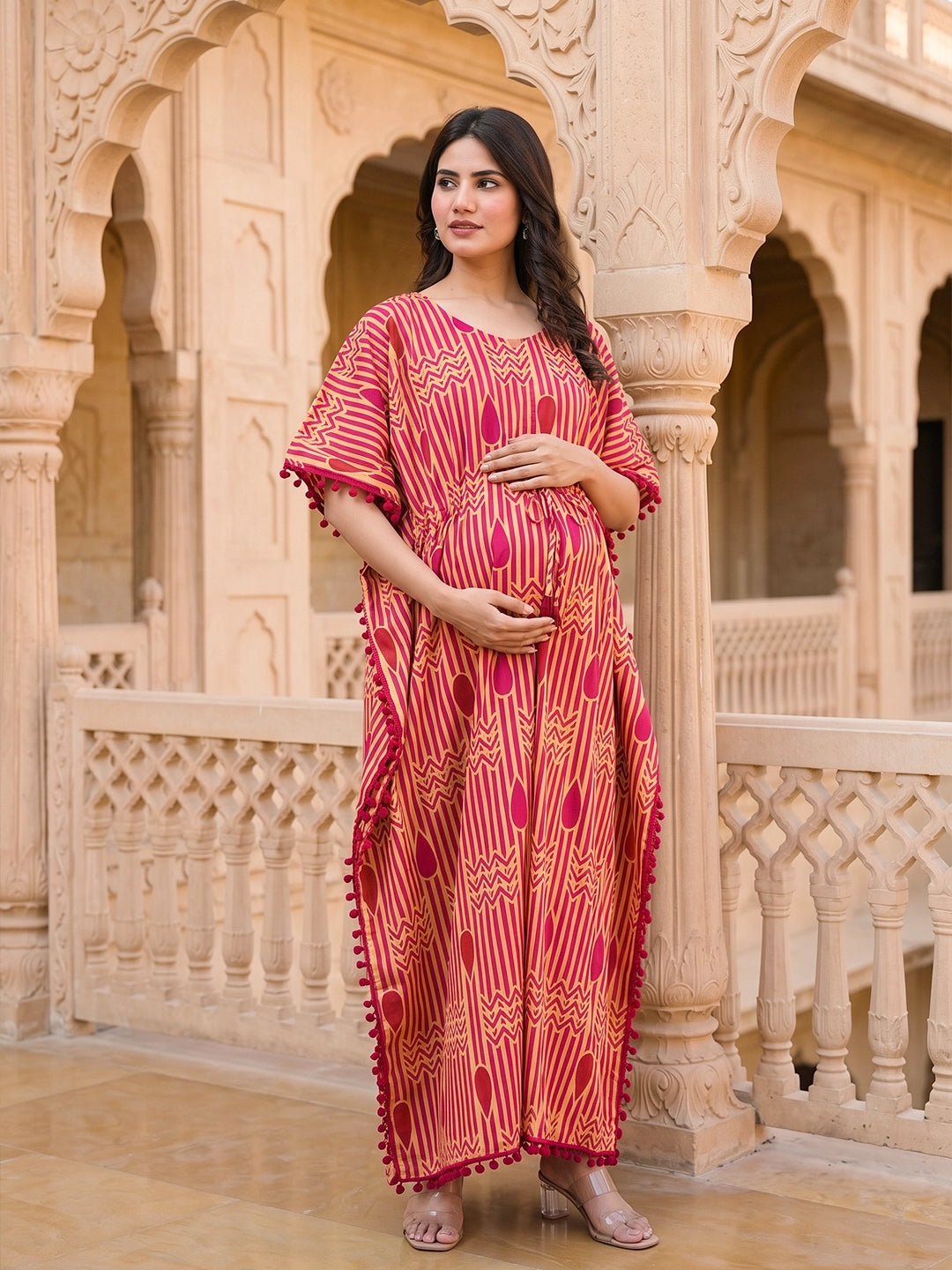 Beige Maroon Geometric Print Cotton Maternity Feeding-Friendly Kaftan Dress