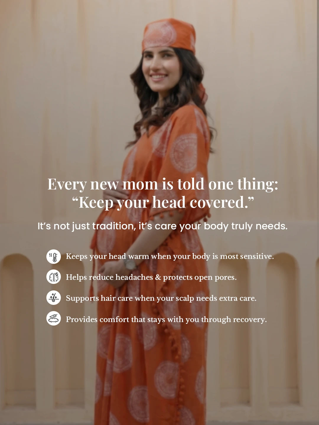 Graceful Orange Printed Maternity & Feeding Kaftan Dress with Matching Head Cover