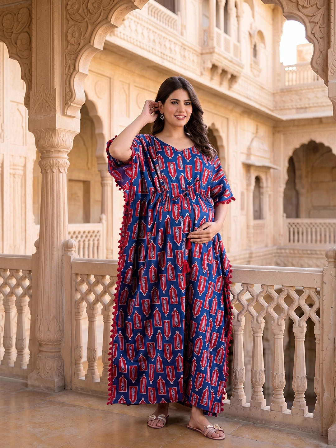 Indigo Red Floral Print Cotton Maternity Feeding-Friendly Kaftan Dress