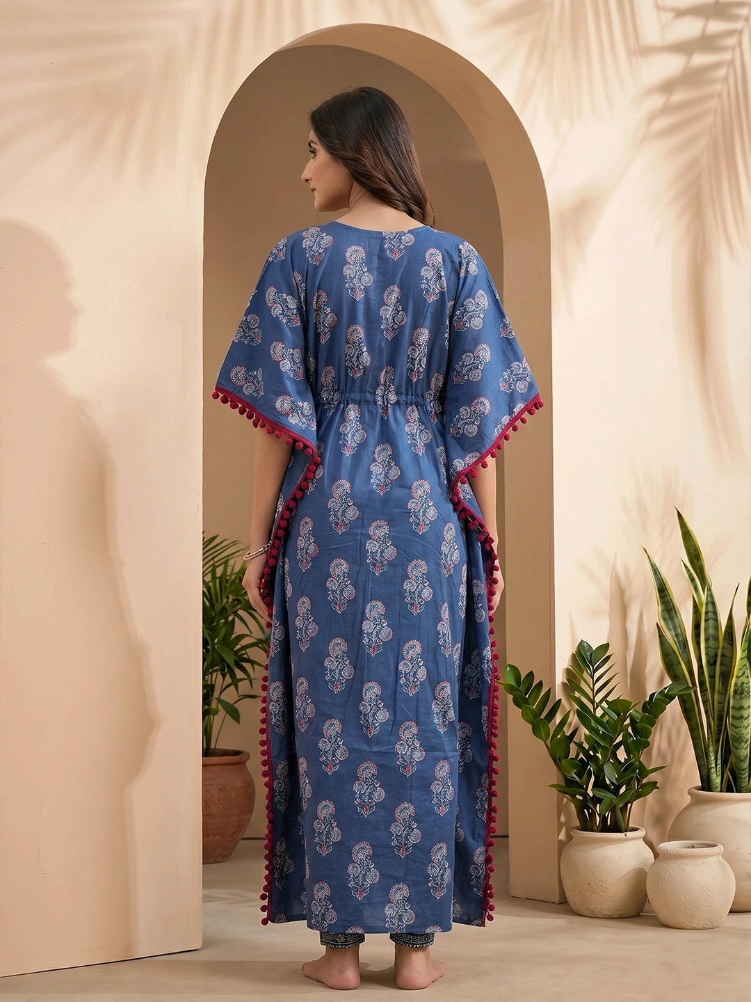 Indigo Ethnic Printed Maternity & Feeding Kaftan Dress with Concealed Zipper