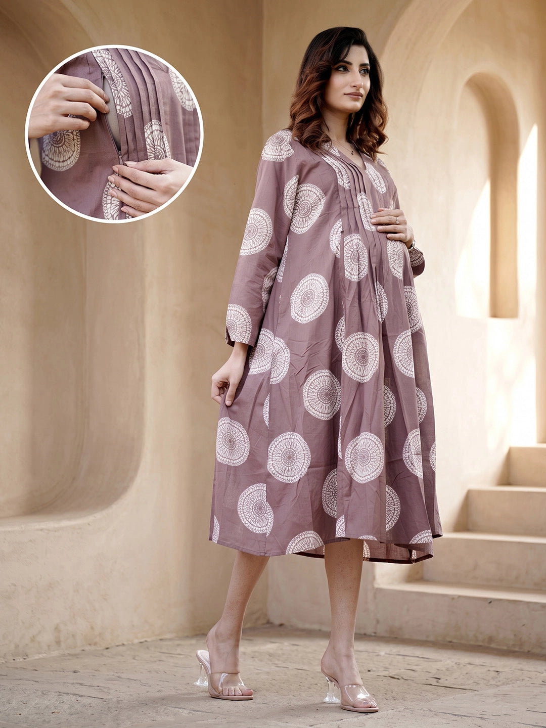 Taupe Geometric Print Maternity & Feeding Midi Dress with Concealed Zipper