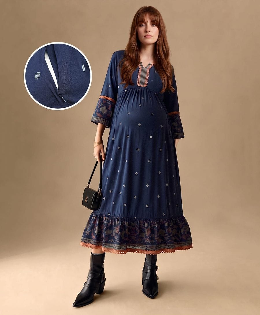 Elegant Ethnic Printed Maternity & Feeding Midi Dress