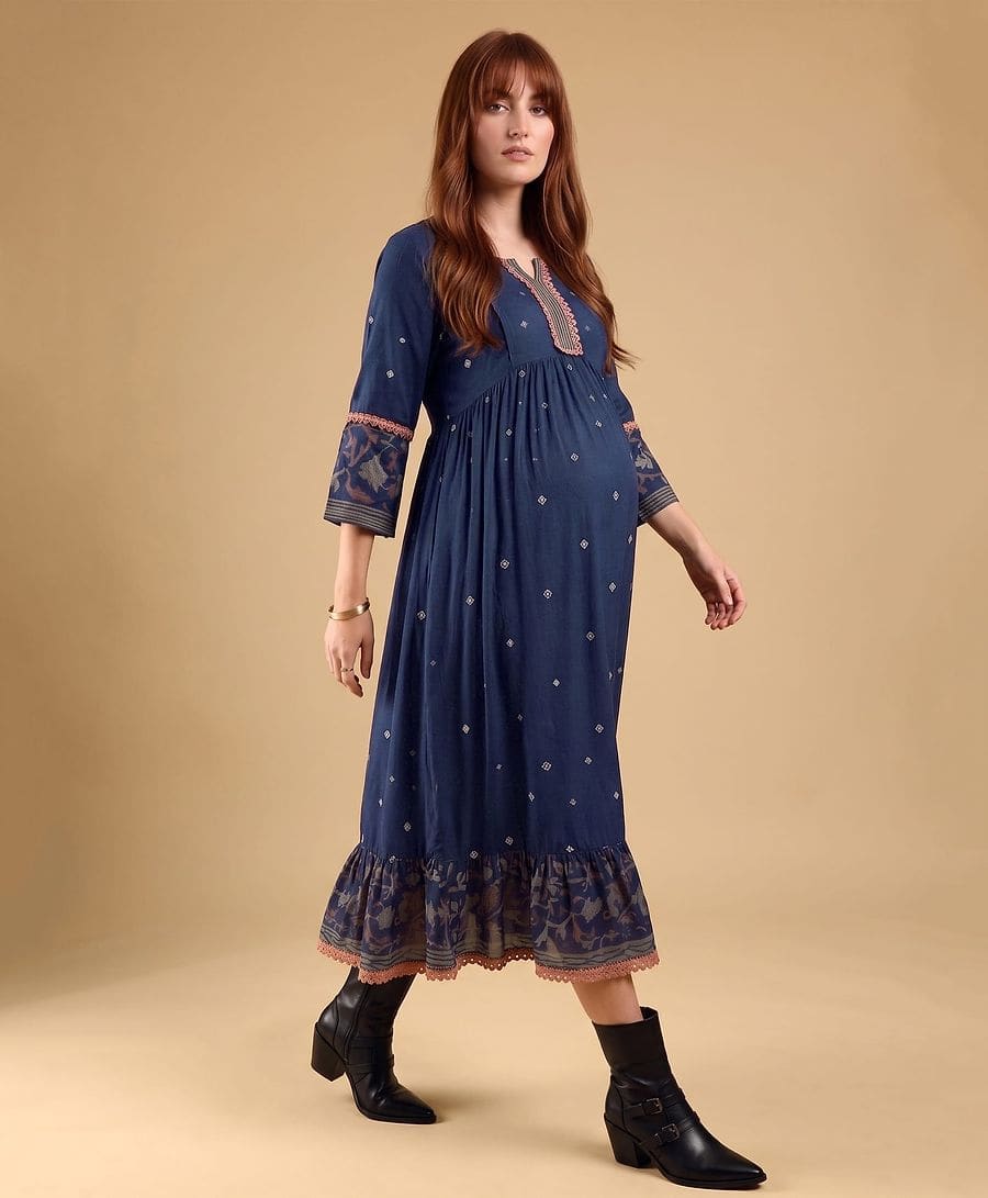Elegant Ethnic Printed Maternity & Feeding Midi Dress