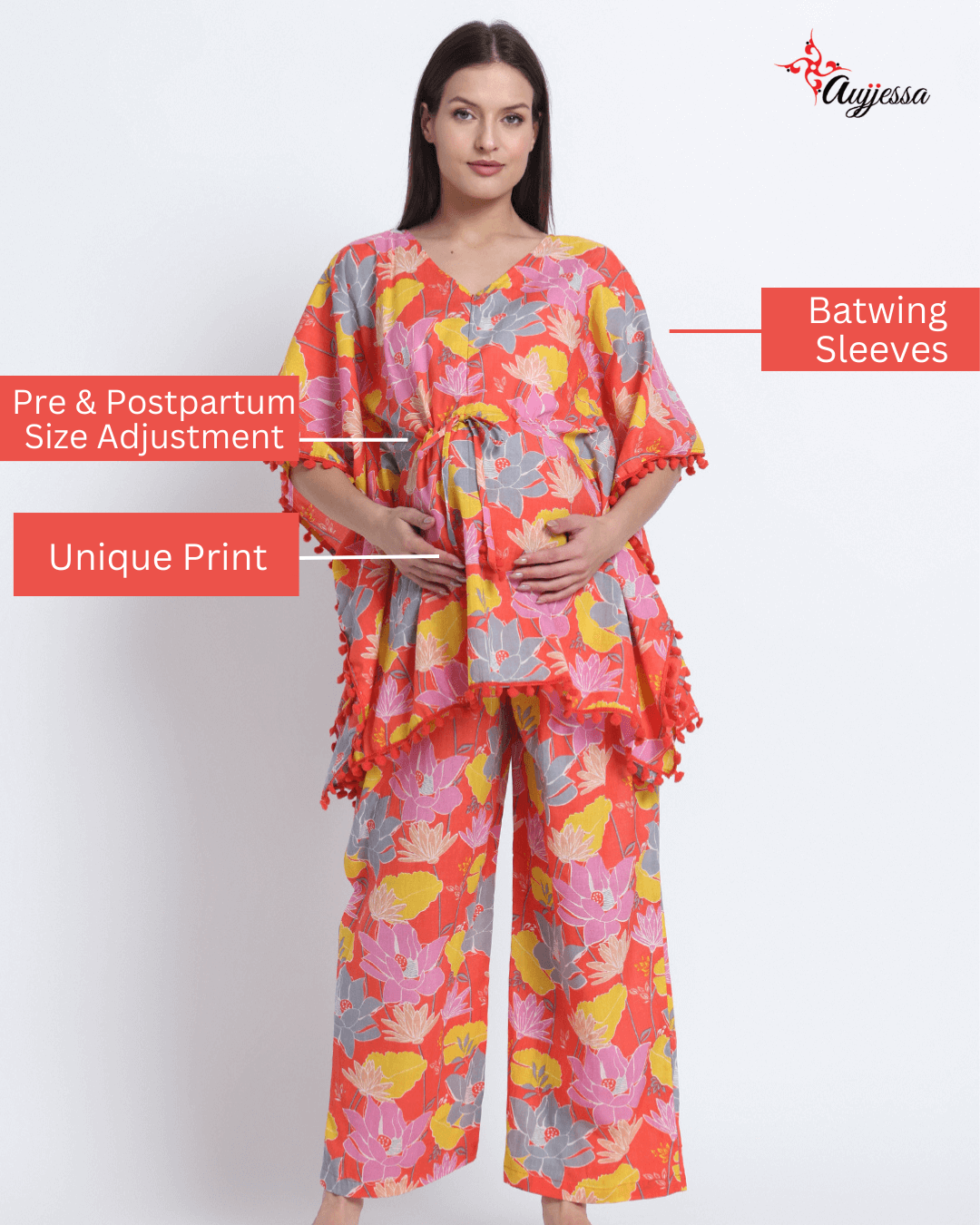 Peach Multi Floral Print Maternity Feeding-Friendly Kaftan Night Suit with Concealed Zipper